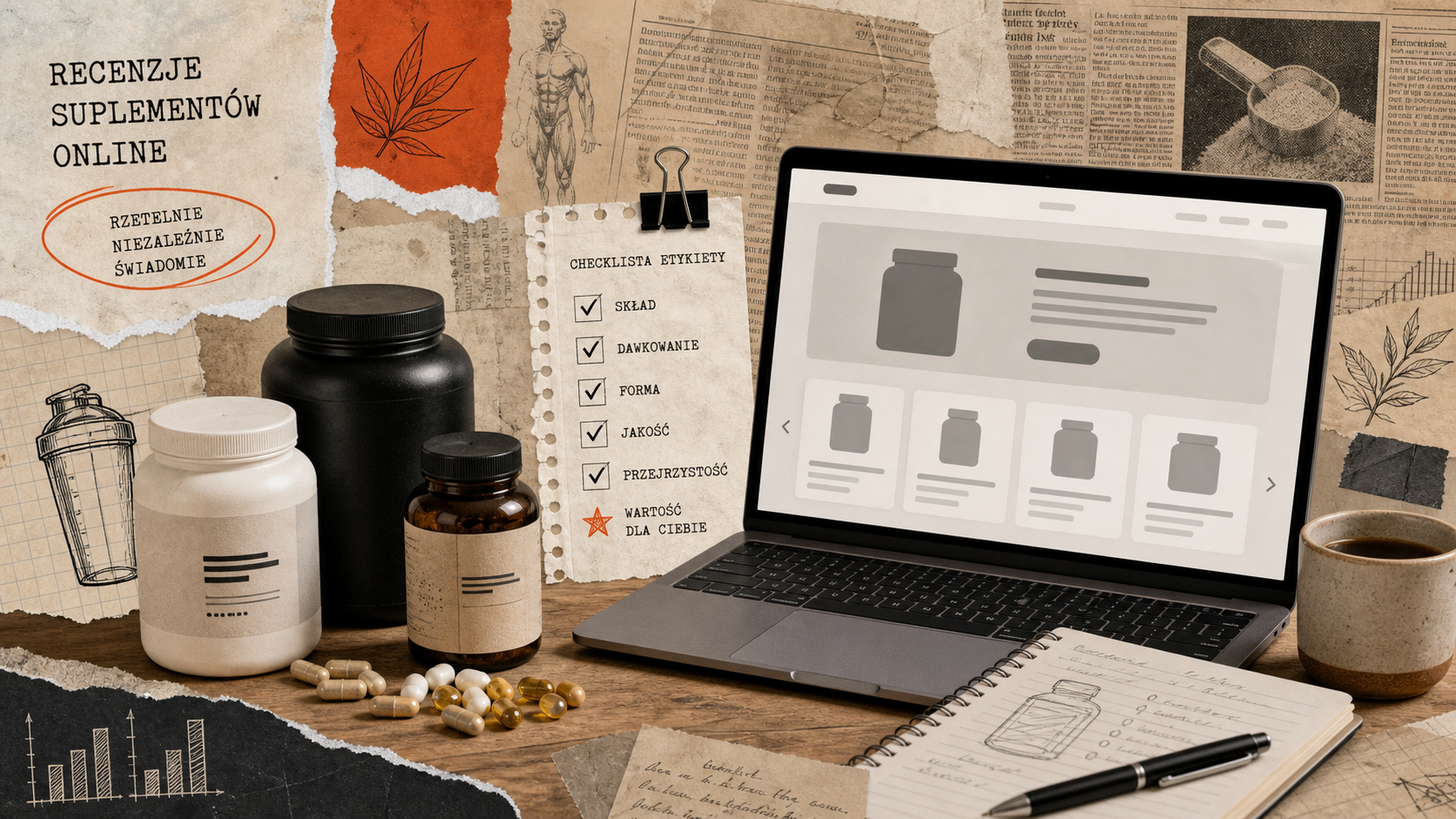 Editorial illustration of Swiat Supli supplement shopping and label checks