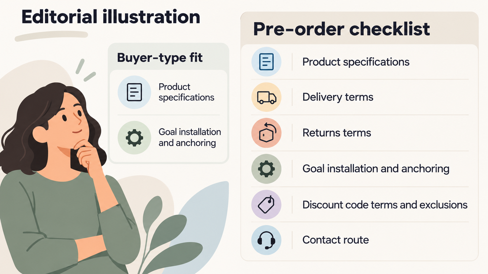 Give readers a scannable pre-purchase checklist and buyer-fit guide covering specifications, delivery, returns, goal installation and anchoring, and discount code terms